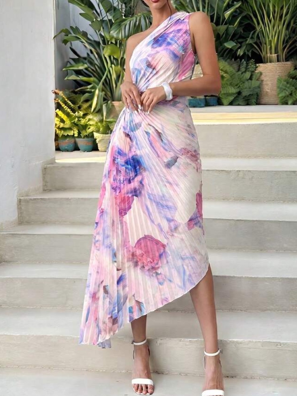Asymmetric One-Shoulder Pleated Floral Dress - Pink